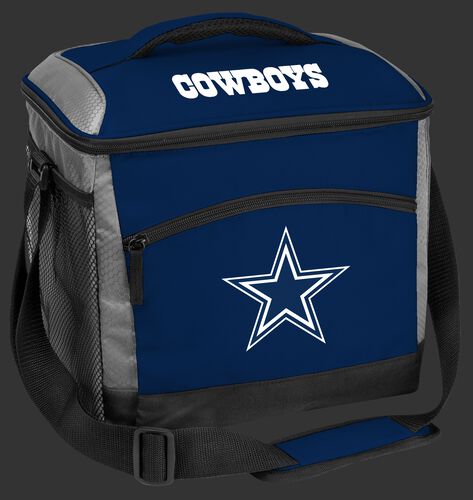 A blue Dallas Cowboys 24 can soft sided cooler with screen printed team logos - SKU: 10211065111