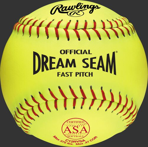 A yellow C12RYSA ASA NFHS Official 12" Dream Seam softball with red stitching