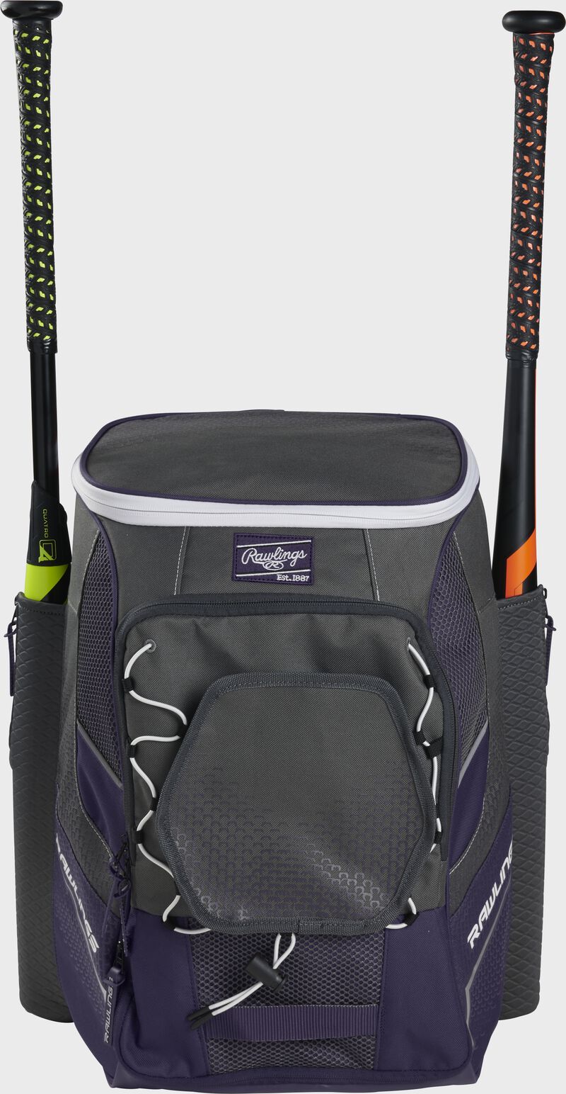 Front of a purple Rawlings Impulse bag with a purple Rawlings patch and two bats in the sides - SKU: IMPLSE-PU
