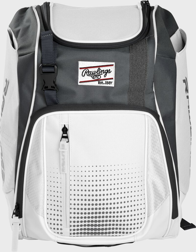 Front of a white Franchise baseball backpack with gray accents and a white Rawlings patch - SKU: FRANBP-W image number null