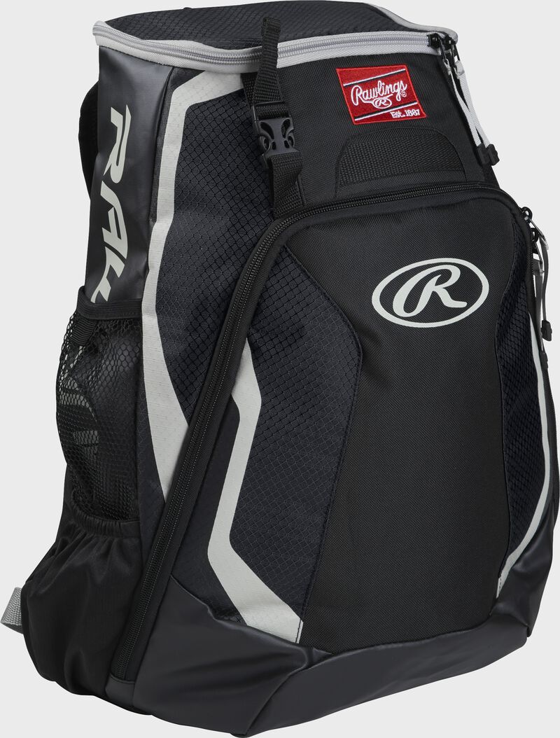 Right side of a black R500 Rawlings Players equipment backpack with white trim