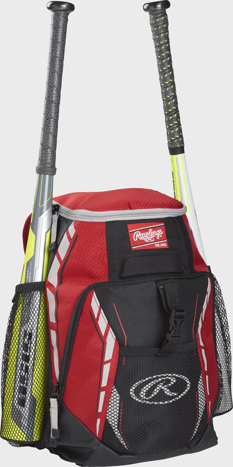 Front left view of a Scarlet Rawlings Youth Players Team Backpack with two bats | SKU:R400-S loading=
