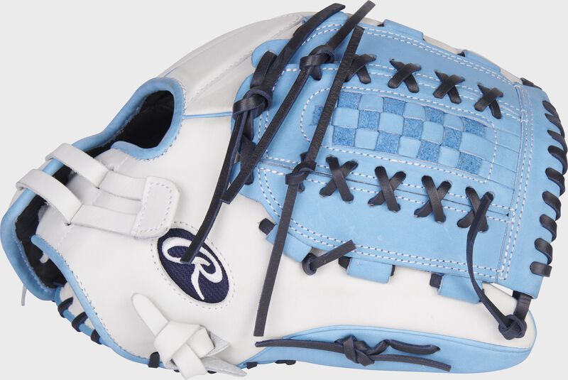 Thumb of a white/Columbia Blue 2022 Liberty Advanced Color Series 12.5-Inch fastpitch glove with a Columbia blue x-laced basket web - SKU: RLA125-18WCBN