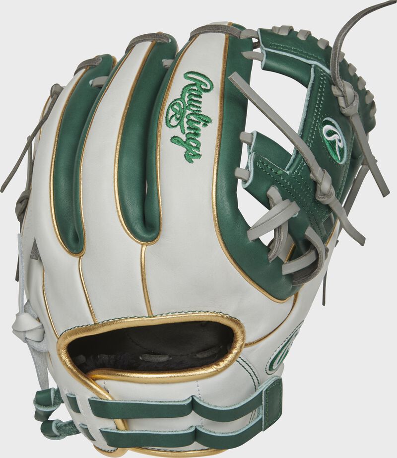 RLA715SB-2DG 11.75-inch Liberty Advanced I-web glove with a white back, gold binding/welting and adjustable pull strap