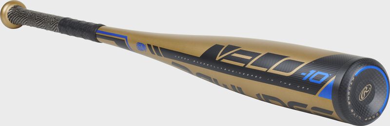 3/4 angle view of a UT9V10 Rawlings USSSA Velo baseball bat with a gold barrel and black end cap
