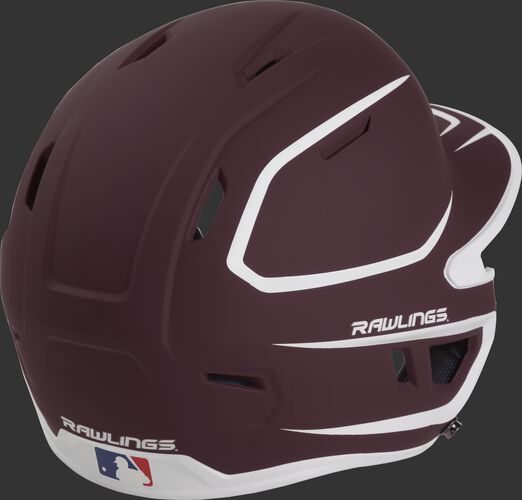 Back right of a two-tone matte maroon/white MACH Rawlings Junior size batting helmet