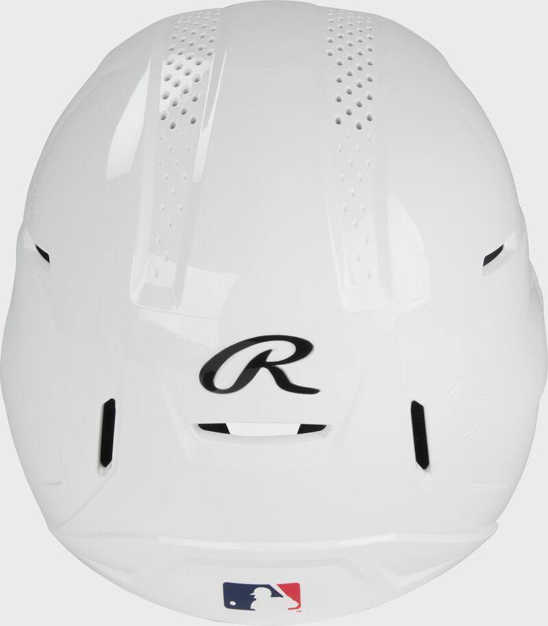 Back of a white Rawlings RX2 gloss baseball batting helmet loading=