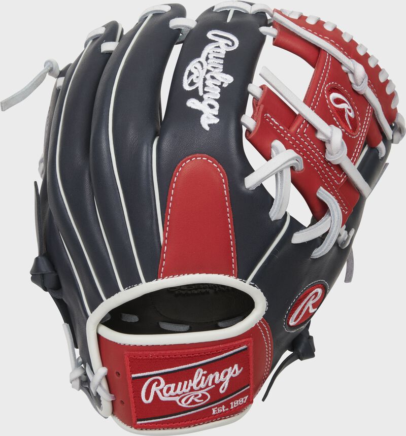 Shell back view of black, red, and white 2022 Breakout 11.5-inch infield glove