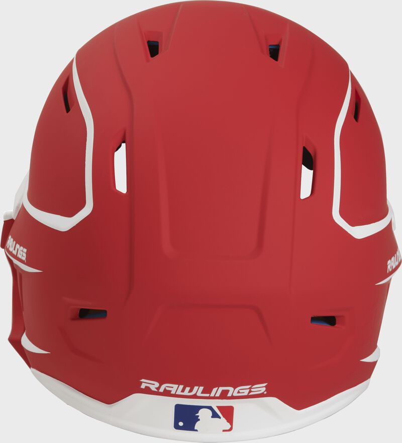 Back of a MACHEXTR high performance junior MACH helmet with a matte scarlet/white shell and Official Batting Helmet of MLB logo loading=