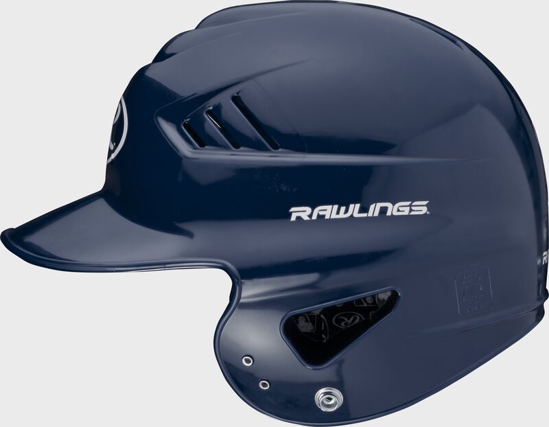 Left side of a navy RCFTB Coolflo T-ball helmet with a Rawlings logo above the ear hole