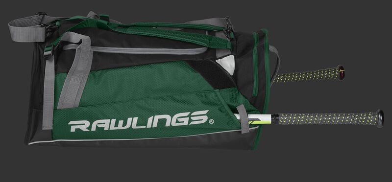 Side view of a dark green R601 Hybrid backpack with a bat in the side sleeve