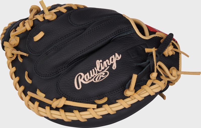 Back of a black Adley Rutshman Select Pro Lite 32" Catcher's Mitt with the MLB logo on the pinky