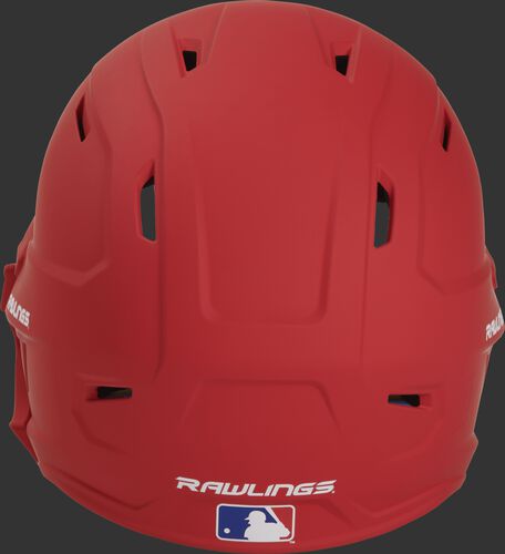 Back of a MACHEXTR high performance MACH helmet with a matte scarlet shell and Official Batting Helmet of MLB logo