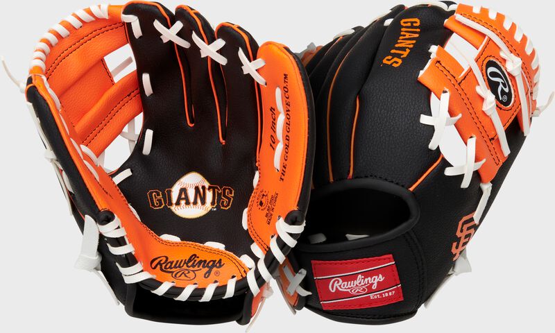Two images showing the palm & back of a black/orange San Francisco team logo youth glove loading=