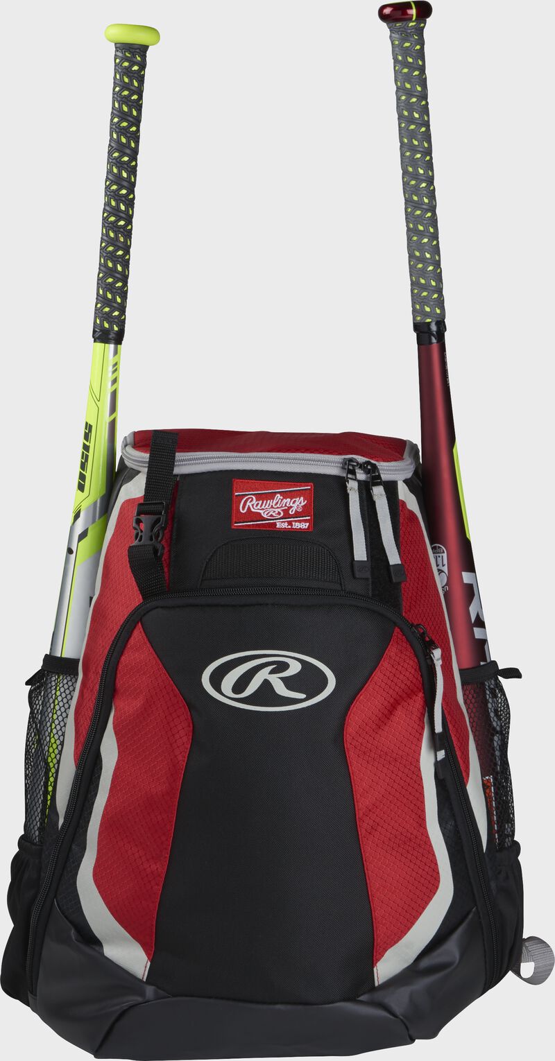 A black/scarlet R500 Rawlings equipment backpack with a bat on each side