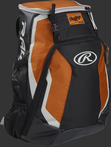 Right side of a black/orange R500 Rawlings Players equipment backpack with white trim