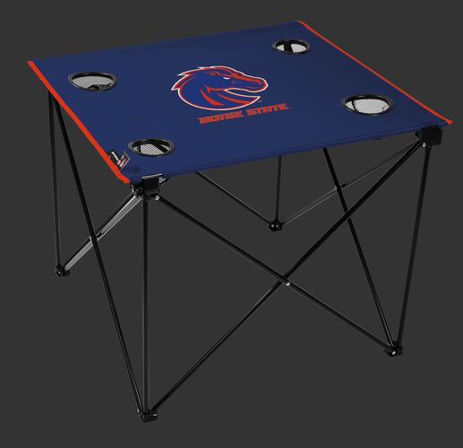 A blue NCAA Boise State Broncos deluxe tailgate table with four cup holders and team logo printed in the middle SKU #00713125111