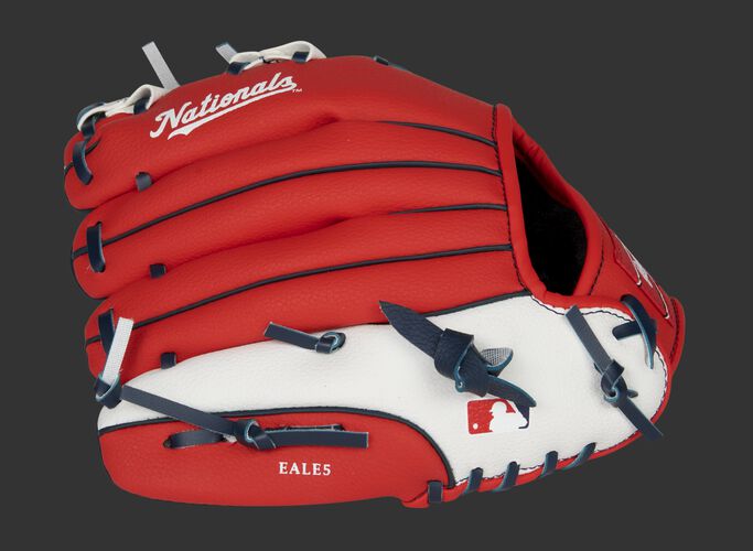 Back of a red/white Washington Nationals 10-inch youth glove with the MLB logo on the pinky - SKU: 22000031111