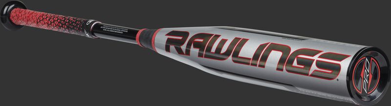 Angled view of a silver/black/red -12 Quatro Pro bat with a black Rawlings logo on the barrel - SKU: US1Q12