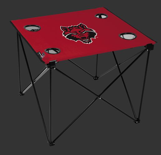 A red NCAA Arkansas State Red Wolves deluxe tailgate table with four cup holders and team logo printed in the middle SKU #00712995111
