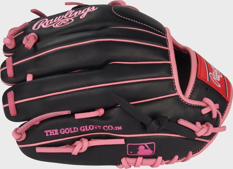 Black back of a Rawlings R9 Series 11.5-Inch Infield Glove with the MLB logo on the pinky
