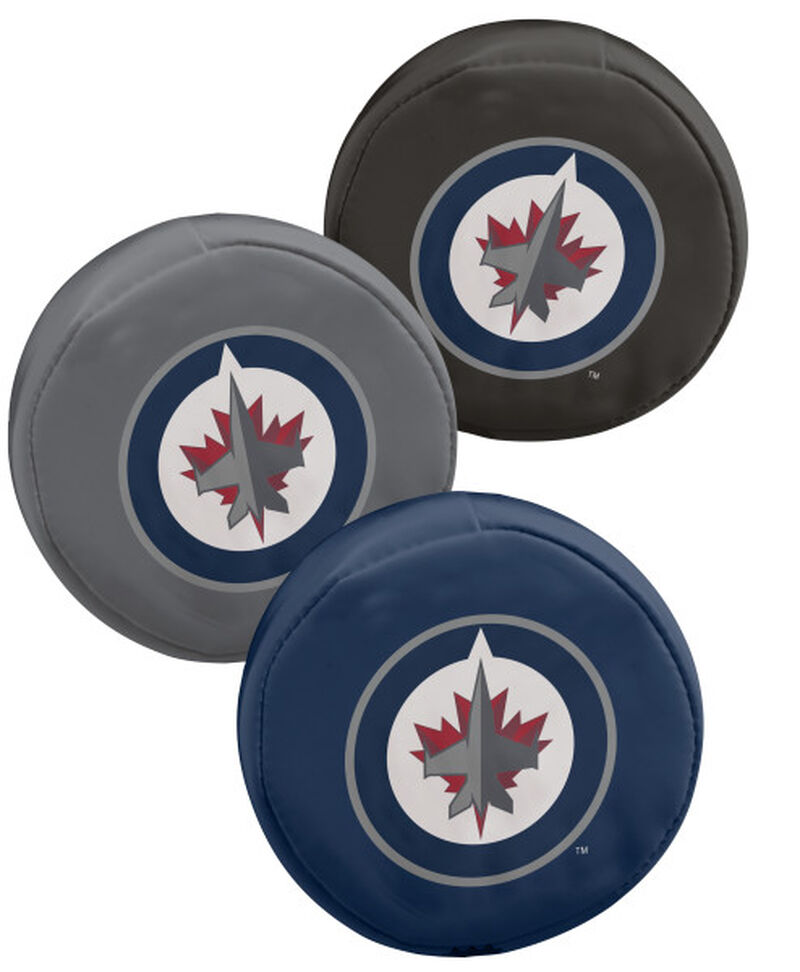 Rawlings NHL Winnipeg Jets Three Puck Softee Set With Black, Grey, and Blue Pucks and Team Logo SKU #00614109111