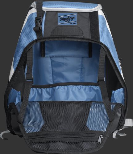 An open R500 Rawlings Players equipment backpack with columbia blue interior