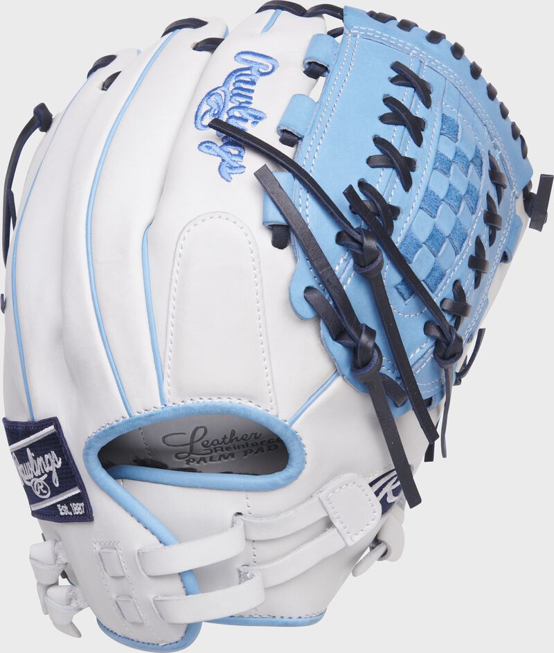Back shell of a white/Columbia blue Liberty Advanced 12.5-Inch basket web glove with a pull strap back - SKU: RLA125-18WCBN loading=