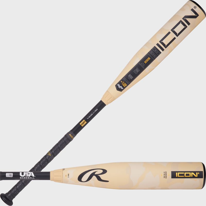 Two Images of a 2025 Rawlings Icon USA Baseball -12 bat showing both sides of the barrel