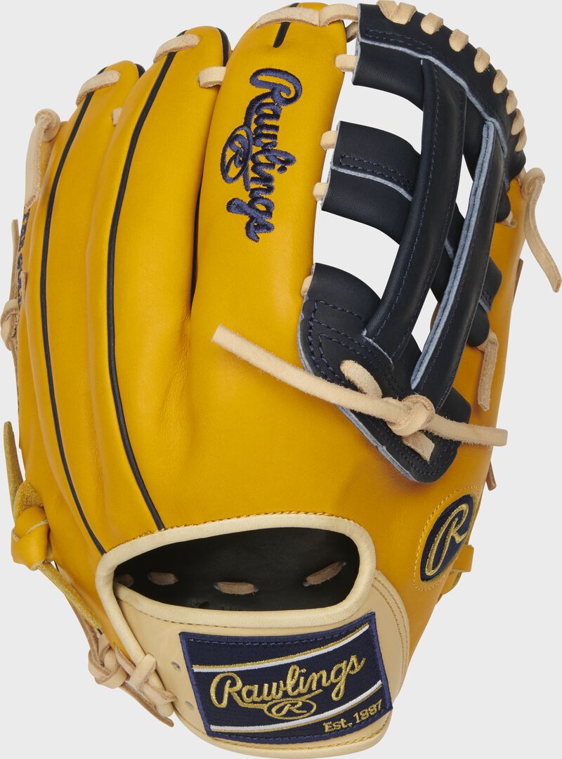 PROKB17-6GT Rawlings 12.25-Inch Heart of the Hide H-web glove with a gold tan back and navy Rawlings patch