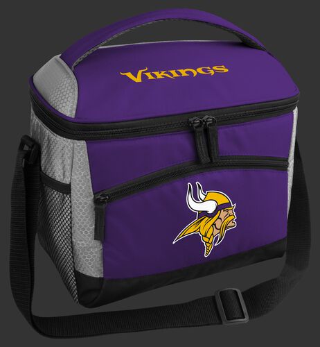 A purple Minnesota Vikings 12 can soft sided cooler with a team logo on the front - SKU: 10111075111