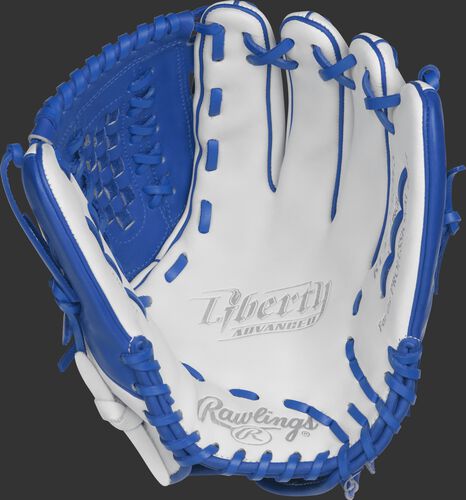RLA125-18WR Rawlings 12.5-inch outfield/pitcher's softball glove with a white palm and royal blue laces