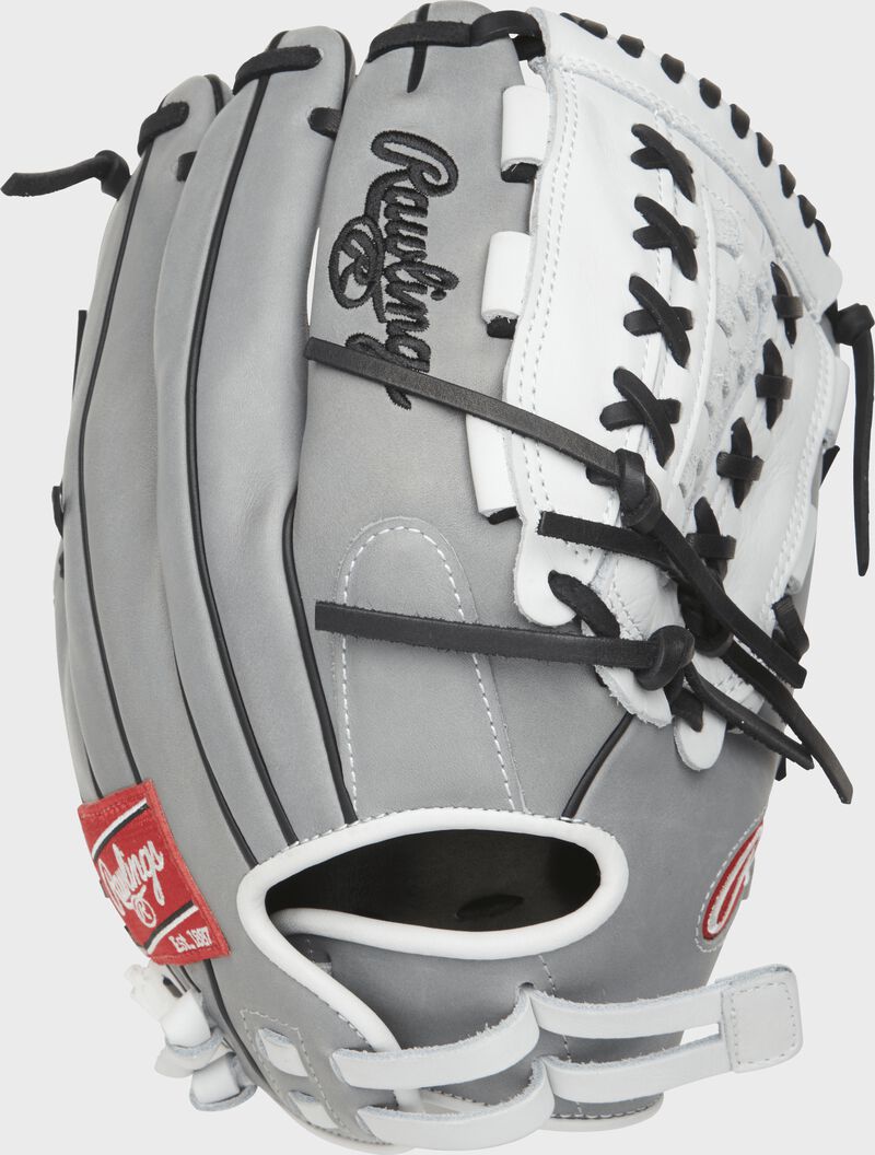 Shell back view of grey and white 12.5-inch Rawlings Heart of the Hide fastpitch softball glove loading=