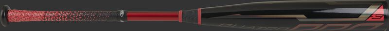 A black/red Rawlings Quatro Pro -3 bat with red Lizard Skins grip - SKU: BB1Q3