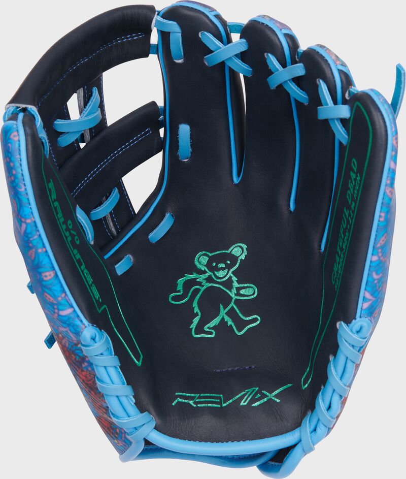 Navy palm of a Rawlings x Grateful Dead REV1X infield glove with Columbia blue laces and palm stamp loading=