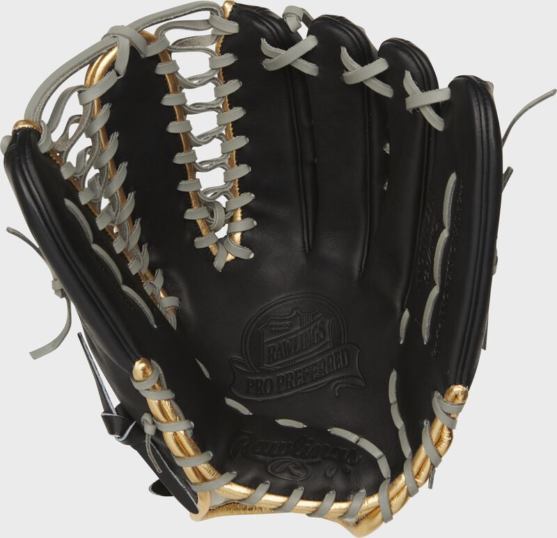 Shell palm view of black, gold, and gray 2021 Pro Preferred 12.75-inch outfield glove | Mike Trout Pattern loading=