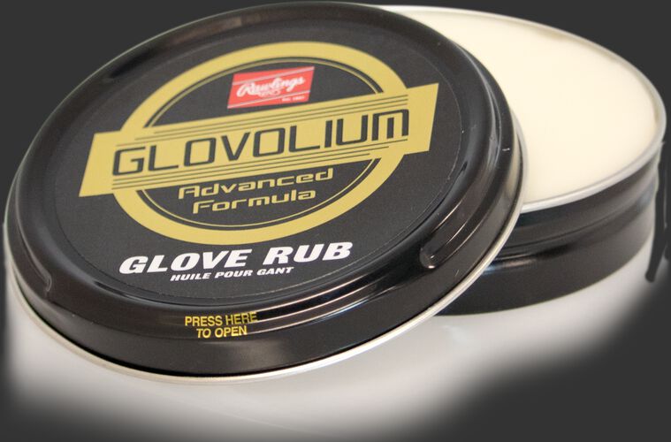 A round Rawlings Glovolium Glove Rub for cleaning and conditioning gloves SKU #GLVRUB