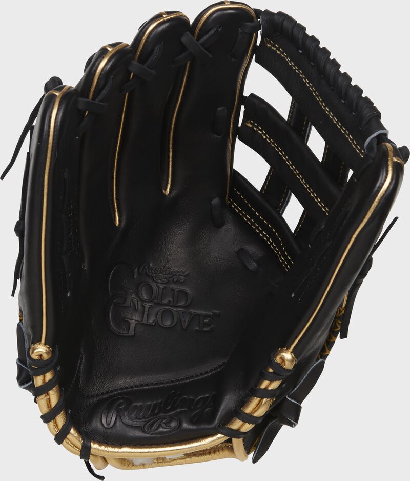 Black palm of a left handed Rawlings Gold Glove Series outfield glove with a black web and black laces - SKU: RGG1275PRO-RH