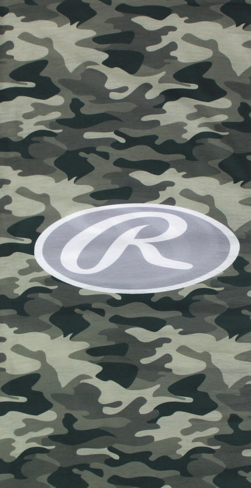 Zoomed-in view of Rawlings logo on Rawlings Adult Multi-Functional Head and Face Gear, Camo - SKU: RC40004-500