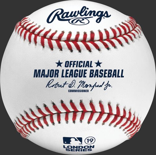 A ROMLBLS19 MLB 2019 London Series baseball with the Official Ball stamp and league commissioner's signature