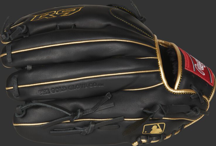 Black fingerbacks of a 12.75-inch R9 series outfield glove with the MLB logo on the pinkie - SKU: R93029-6BG