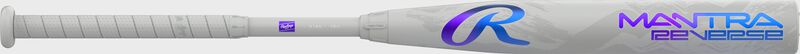 A gray Rawlings Mantra Reverse fastpitch softball bat