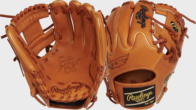 2 views showing the front and back of a golden brown Heart of the Hide R2G Wing Tip infield glove - SKU: RSGPROR204W-2GBB