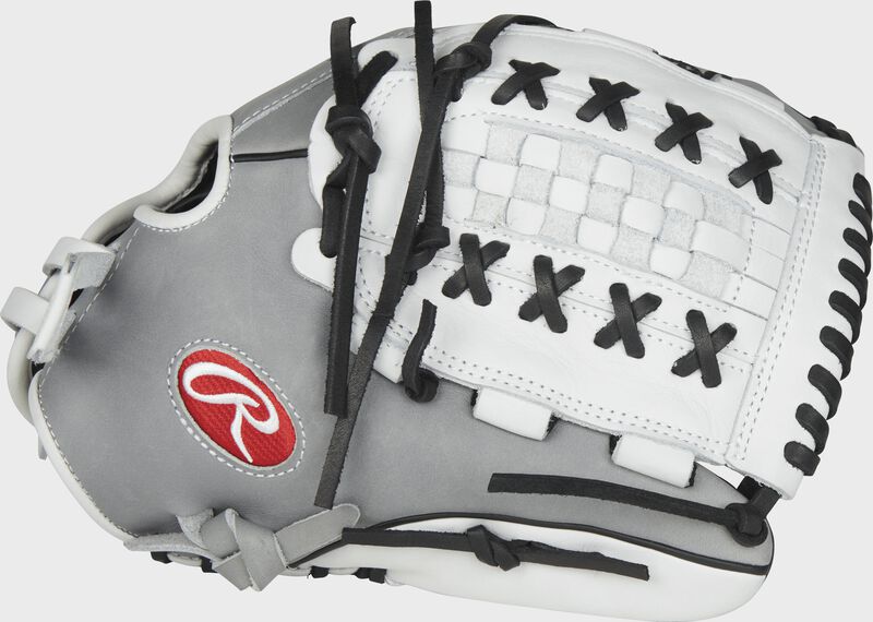 Web back view of grey and white 12.5-inch Rawlings Heart of the Hide fastpitch softball glove