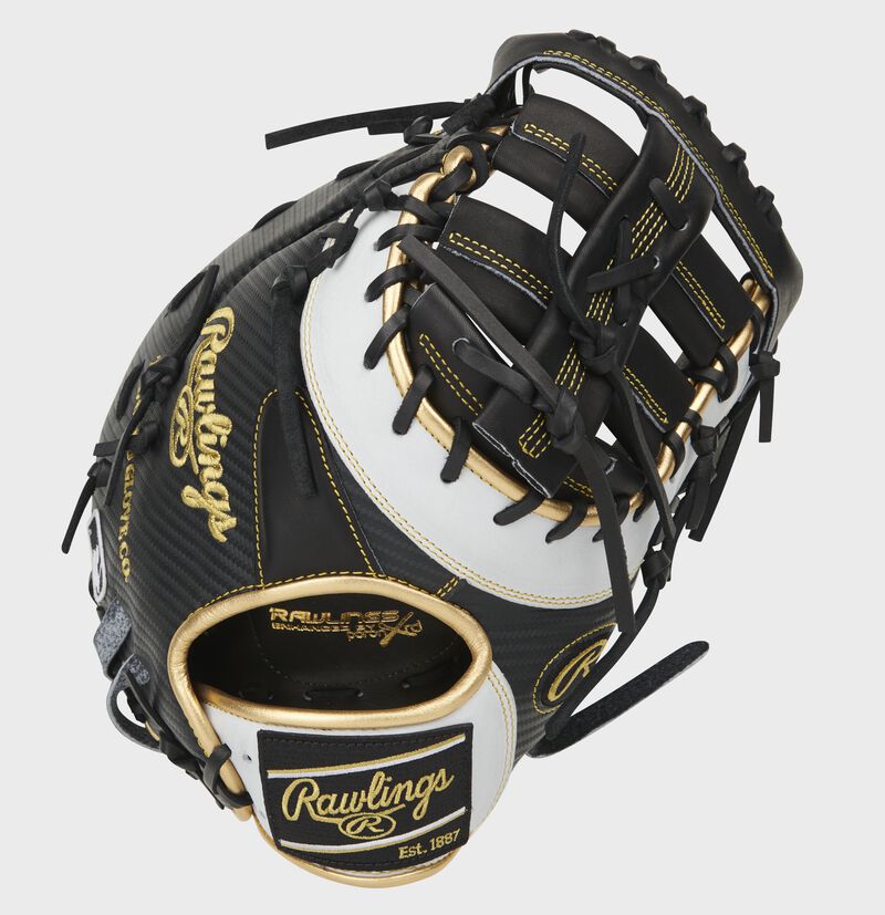 Black Hyper Shell back of a Heart of the Hide 13-Inch first base mitt with a black Rawlings patch - SKU: PRODCTBG