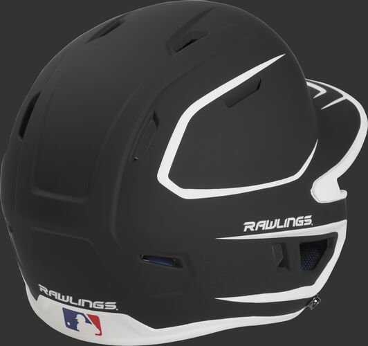 Back right of a two-tone matte black/white MACHEXTR Rawlings junior size batting helmet