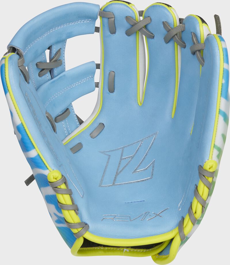 Columbia blue palm of a Rawlings REV1X infield glove with gray laces - SKU: RSGREVFL12-32