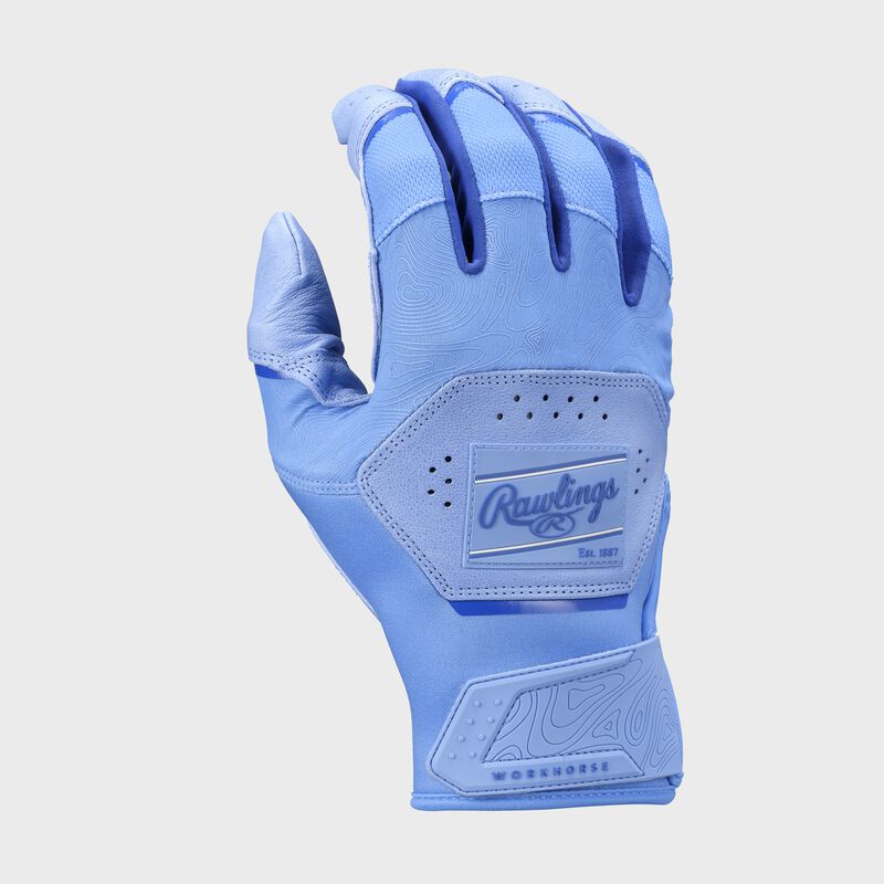 Back of a Columbia blue Rawlings Workhorse Batting glove