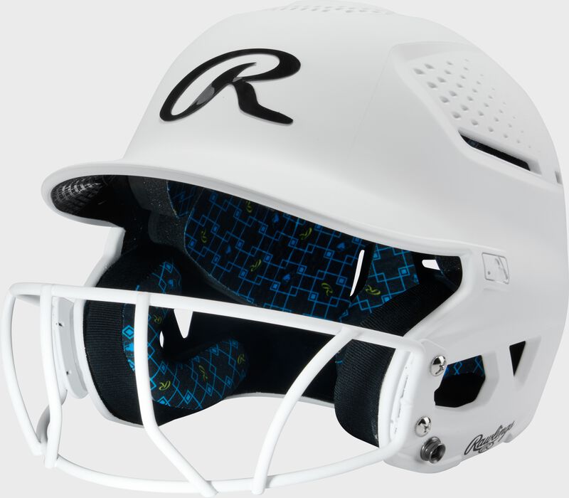 Front left of a white Rawlings RX2 fastpitch batting helmet loading=