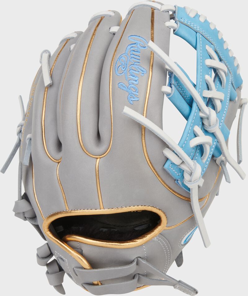 Back of a gray/Columbia blue Liberty Advanced 11.75-inch Fastpitch Softball Glove
